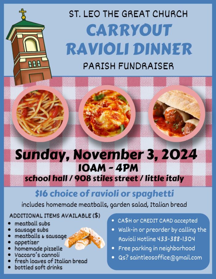 St. Leo's Carry Out Only Ravioli & Pasta Dinner flyer